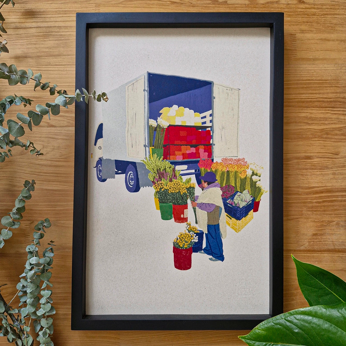 Cuadro ilustrado de camión de flores en plaza de mercado