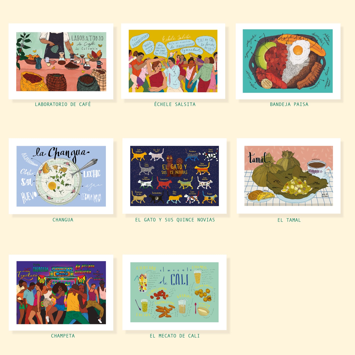 Mosaico de afiches ilustrados disponibles