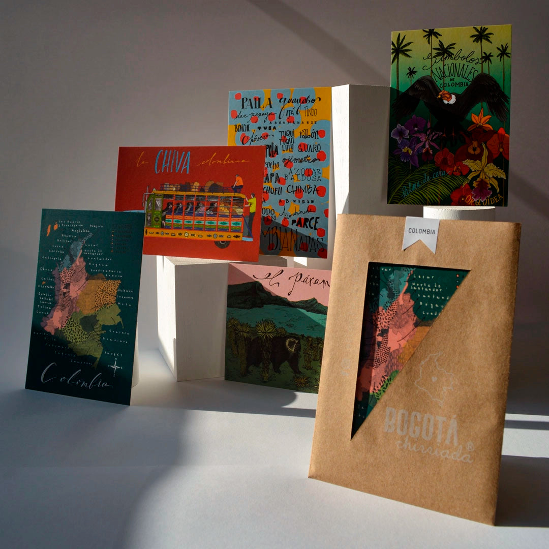 Paquete de cinco postales ilustradas de Colombia