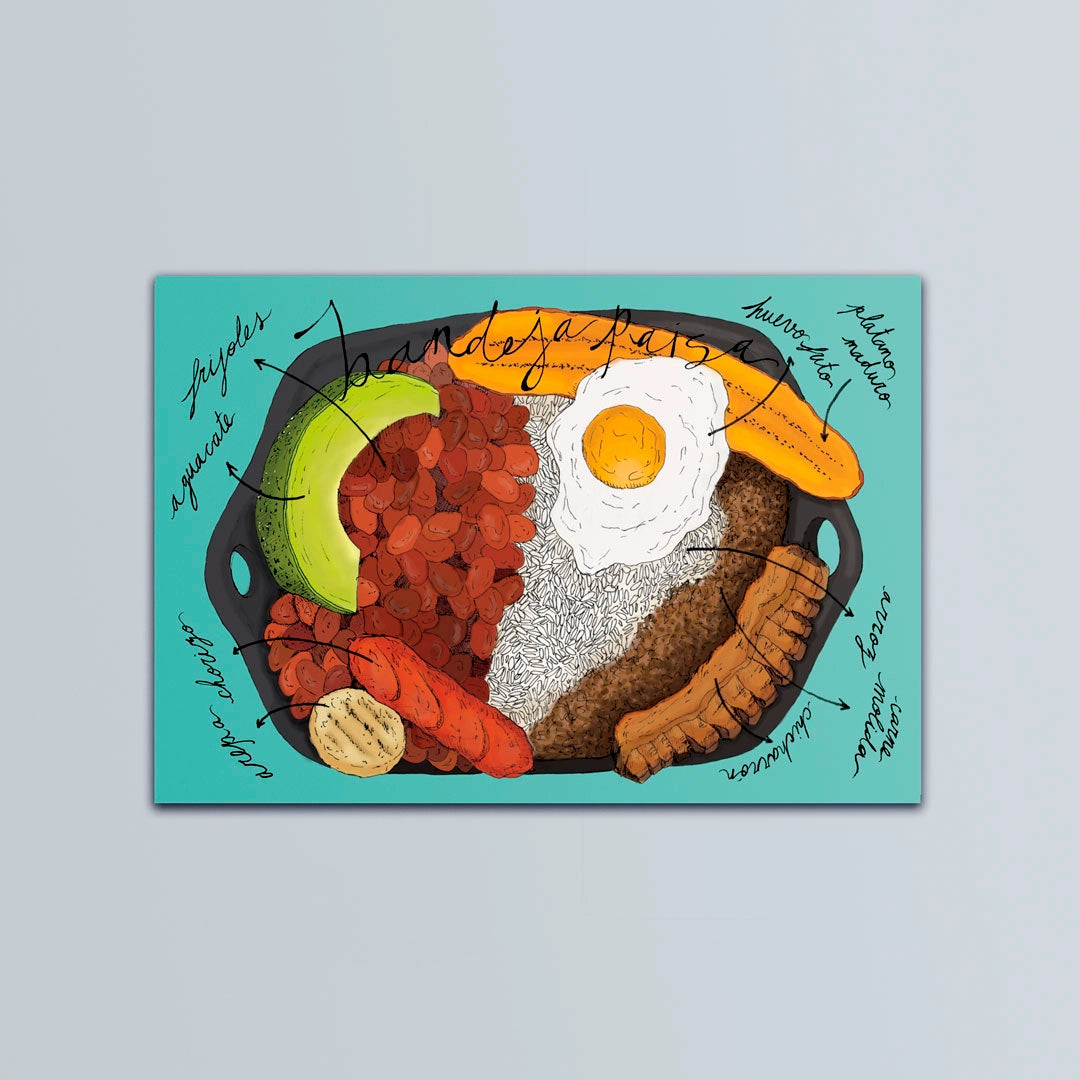 Postal ilustrada de la bandeja paisa