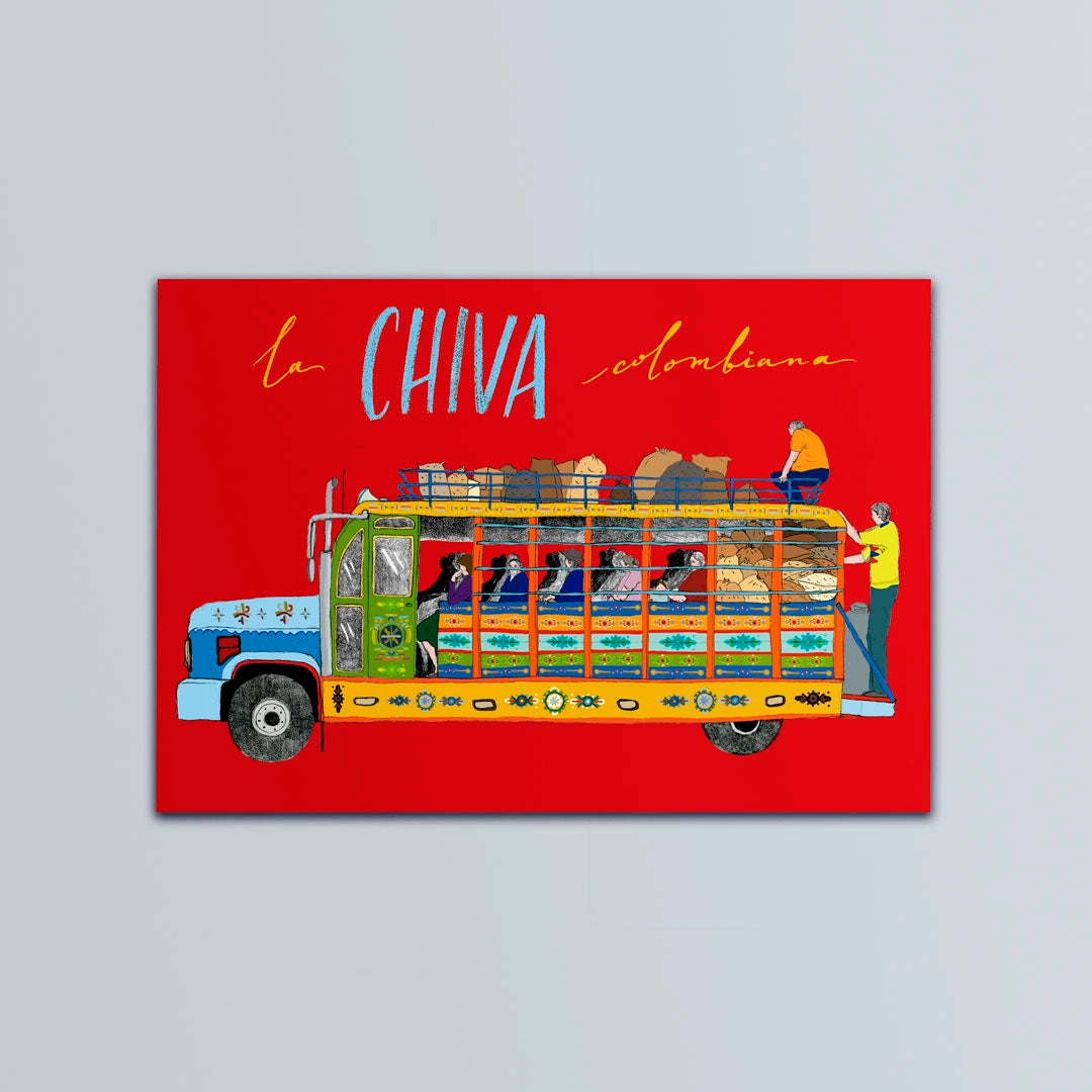 Postal ilustrada de la chiva colombiana