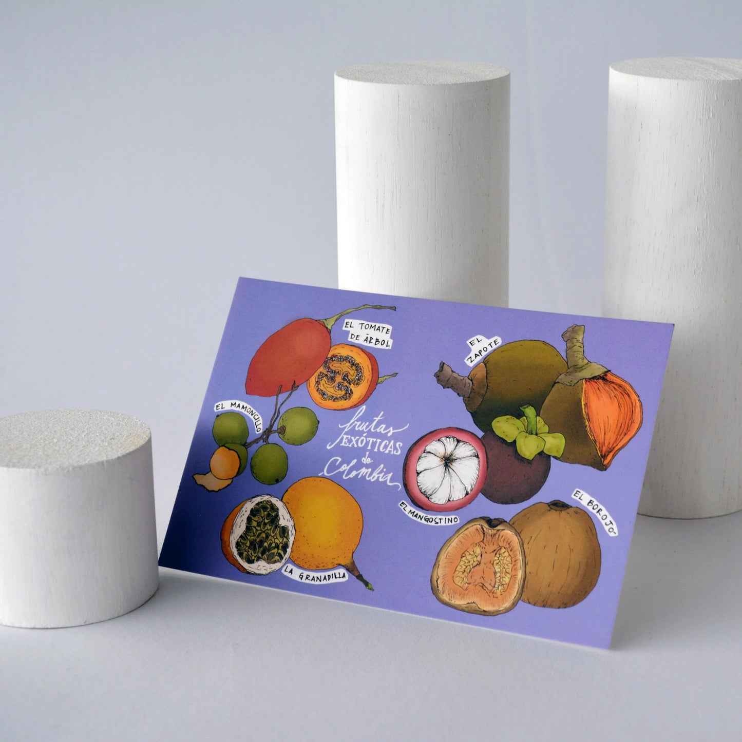 Postal ilustrada de las frutas exóticas de Colombia