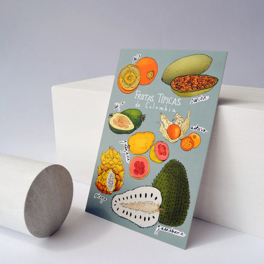 Postal ilustrada de las frutas típicas de Colombia