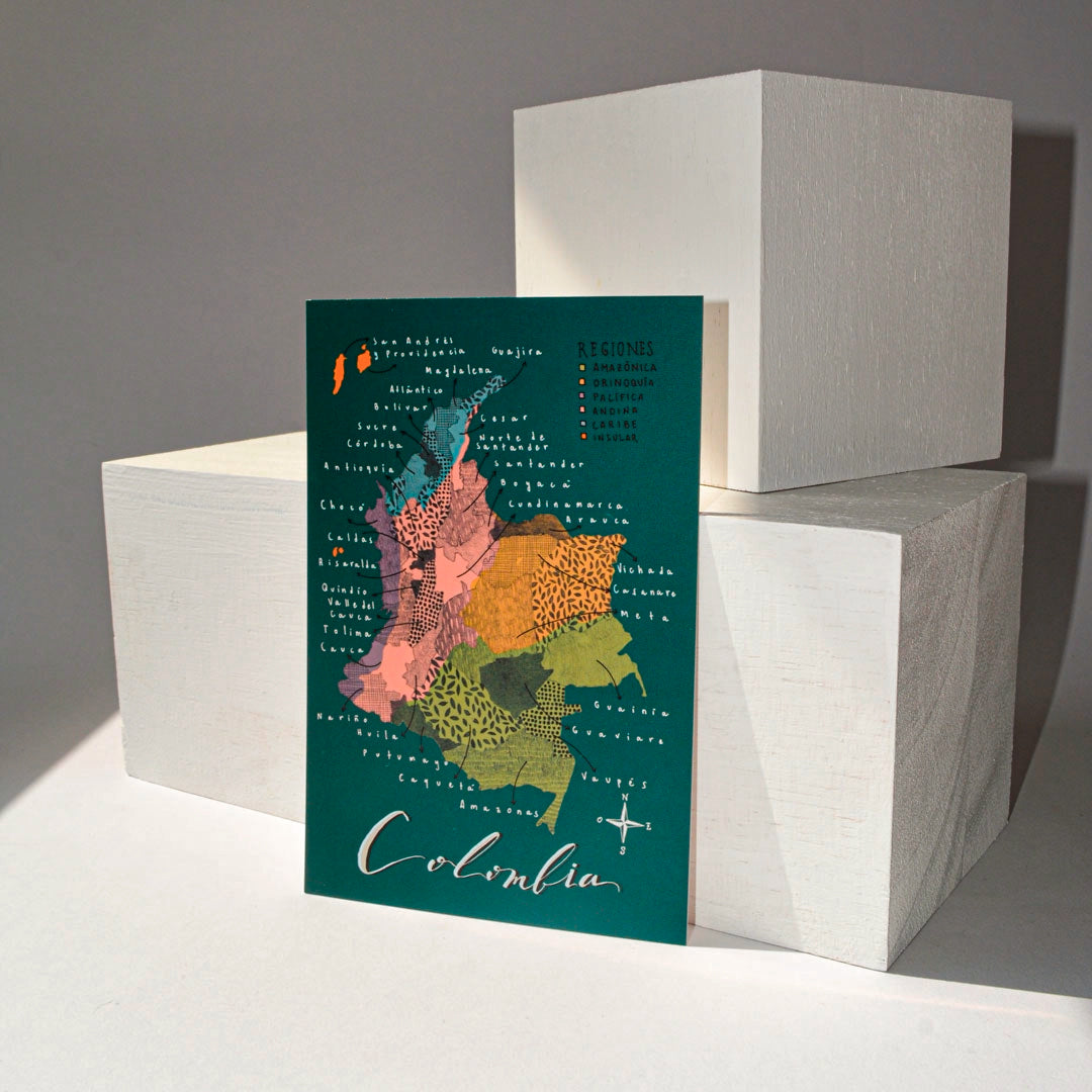 Postal ilustrada del mapa de Colombia