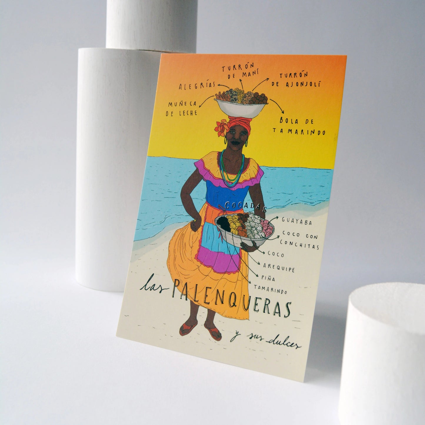 Postal ilustrada de la Palenquera y sus dulces