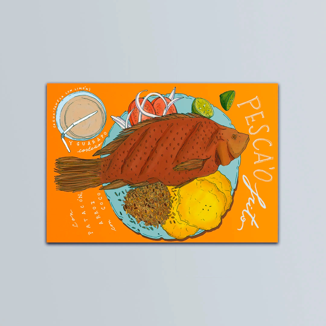 Postal ilustrada de el pescado frito de Colombia