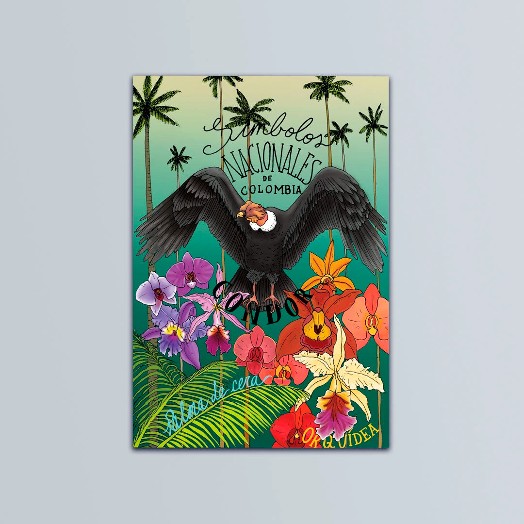 Postal ilustrada de los símbolos nacionales de Colombia