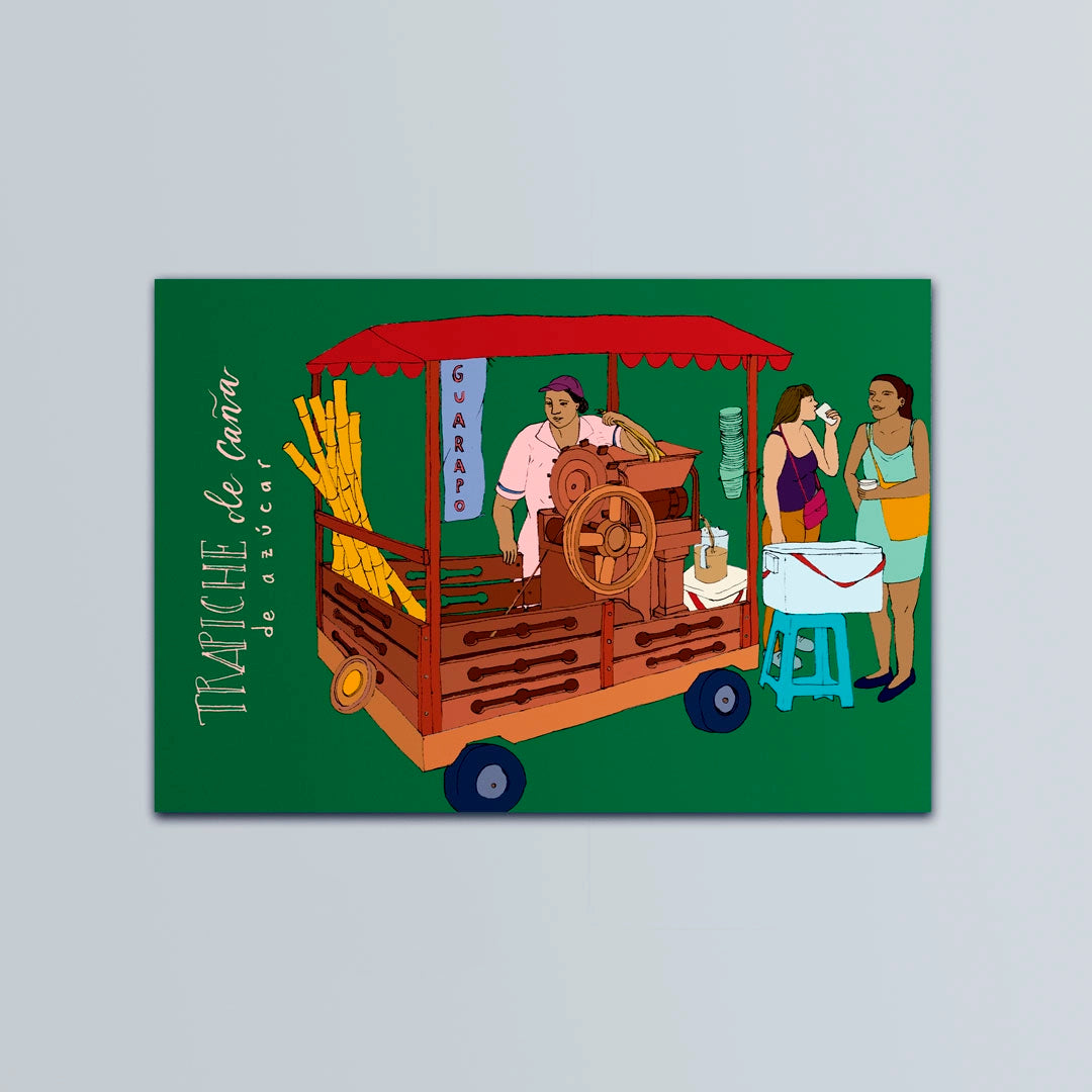 Postal ilustrada del trapiche de caña de azúcar