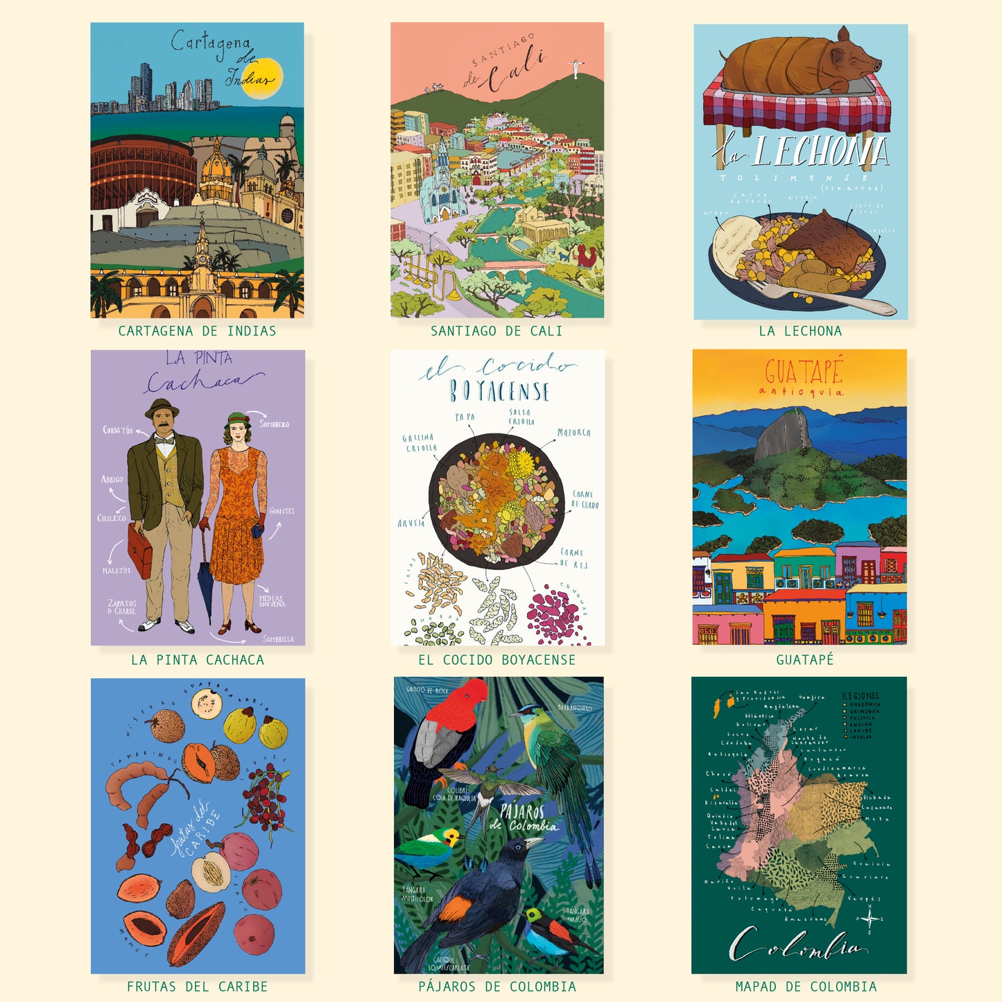 Mosaico de postales ilustradas disponibles