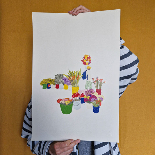 Afiche ilustrado de venta de flores en plaza de mercado