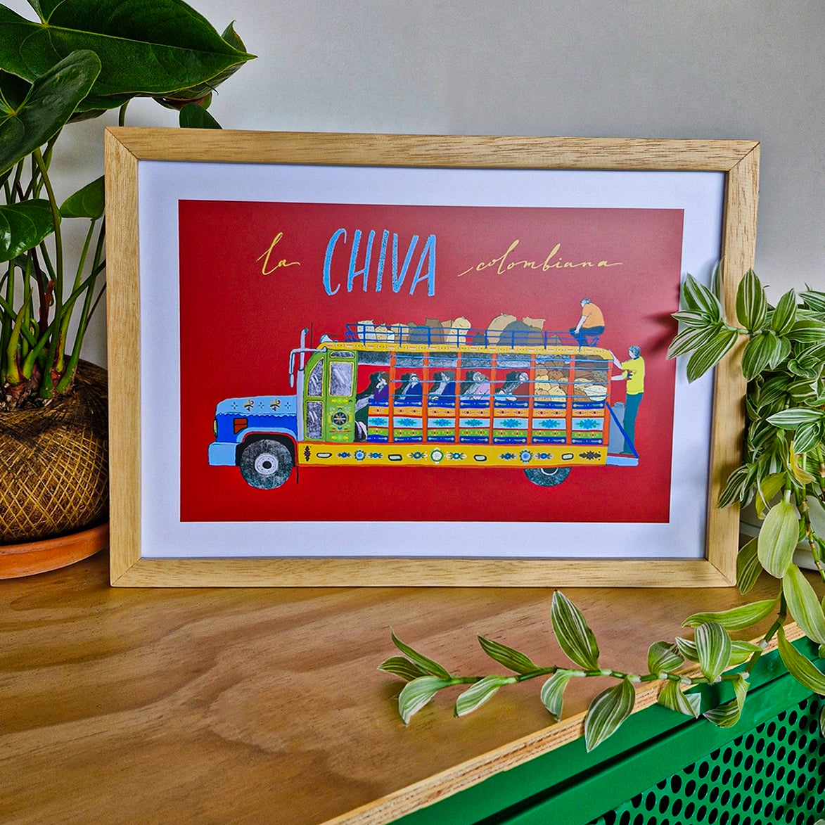 Cuadro ilustrado decorativo de la chiva colombiana