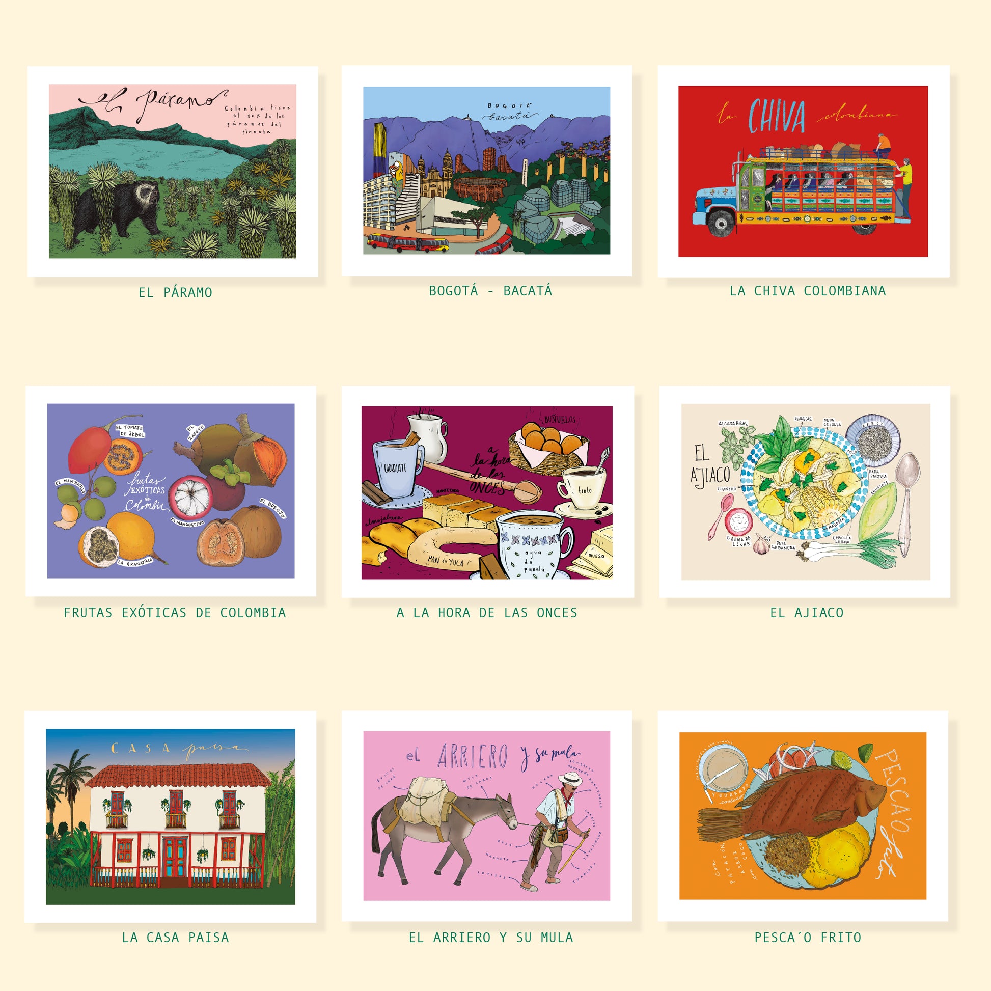 Mosaico de afiches ilustrados disponibles