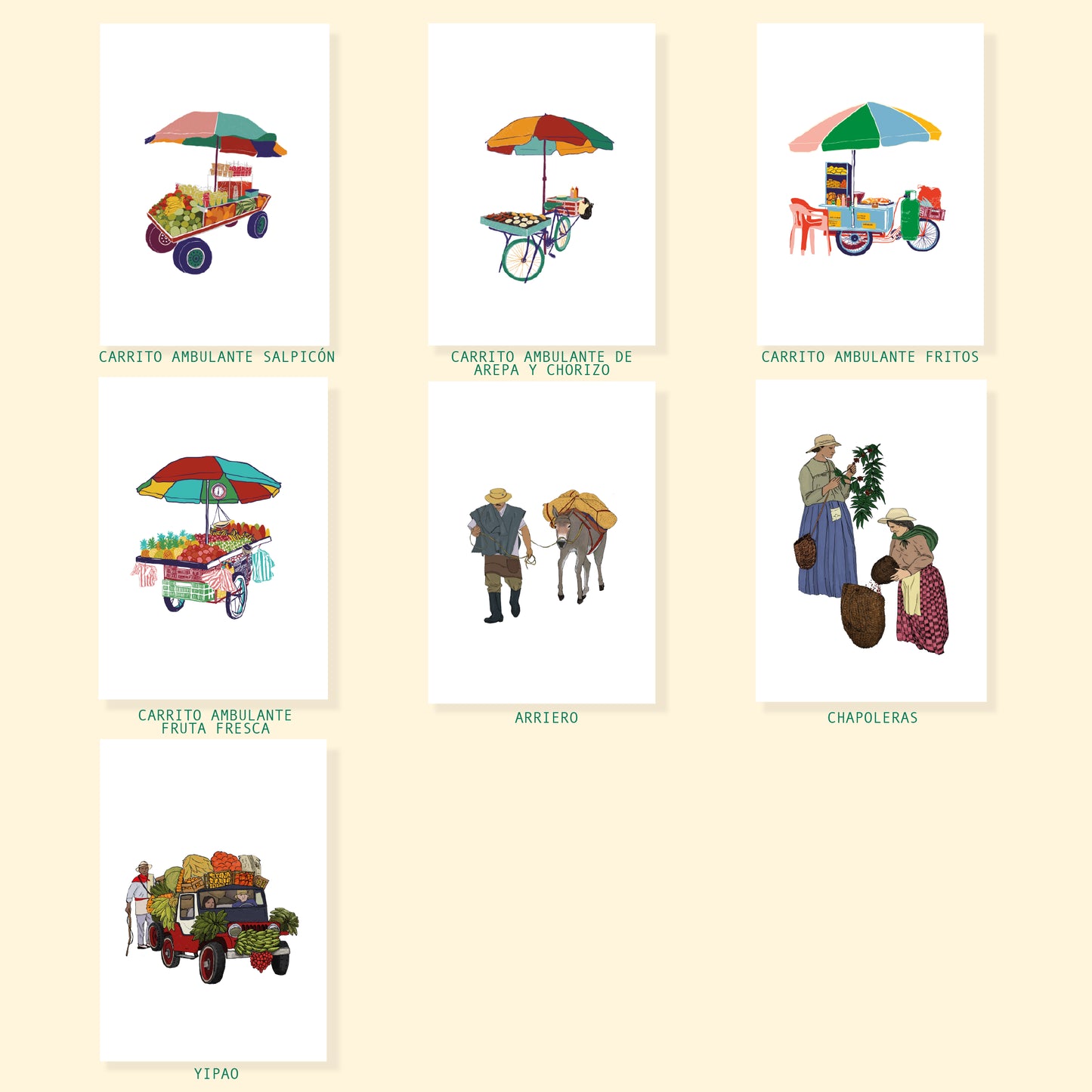 Mosaico de afiches ilustrados disponibles