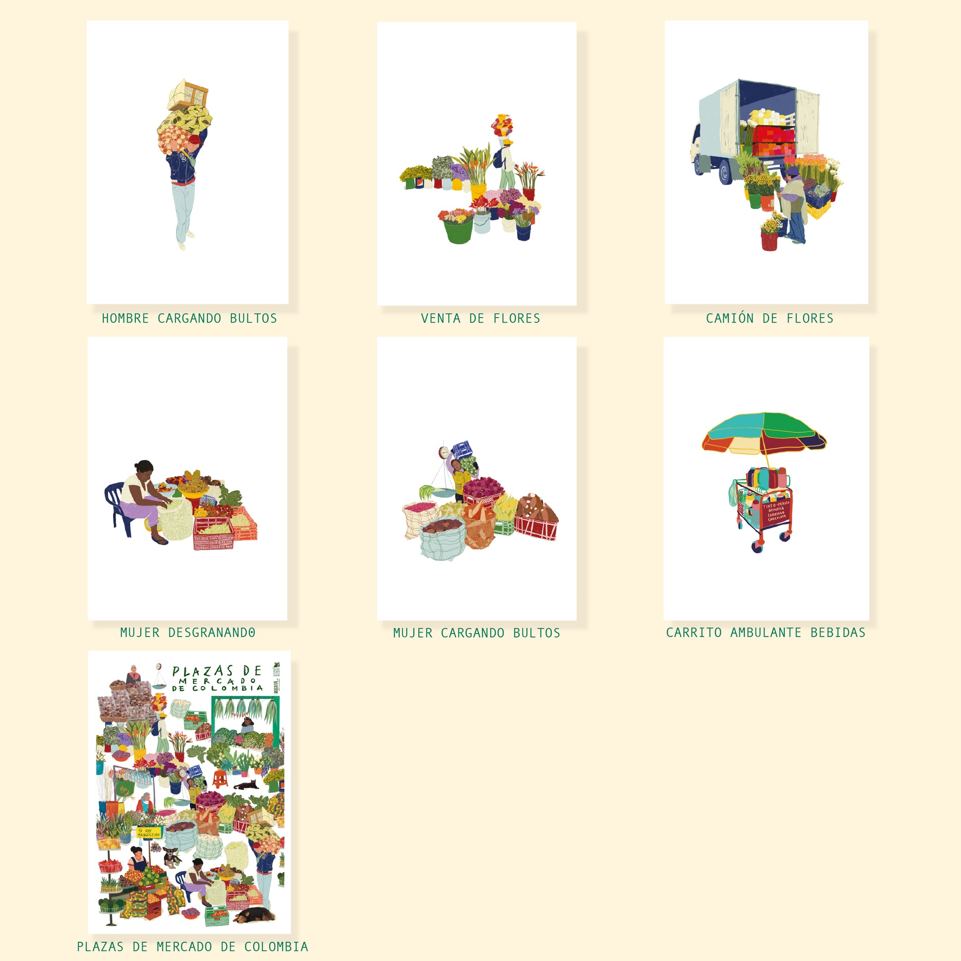 Mosaico de afiches ilustrados disponibles