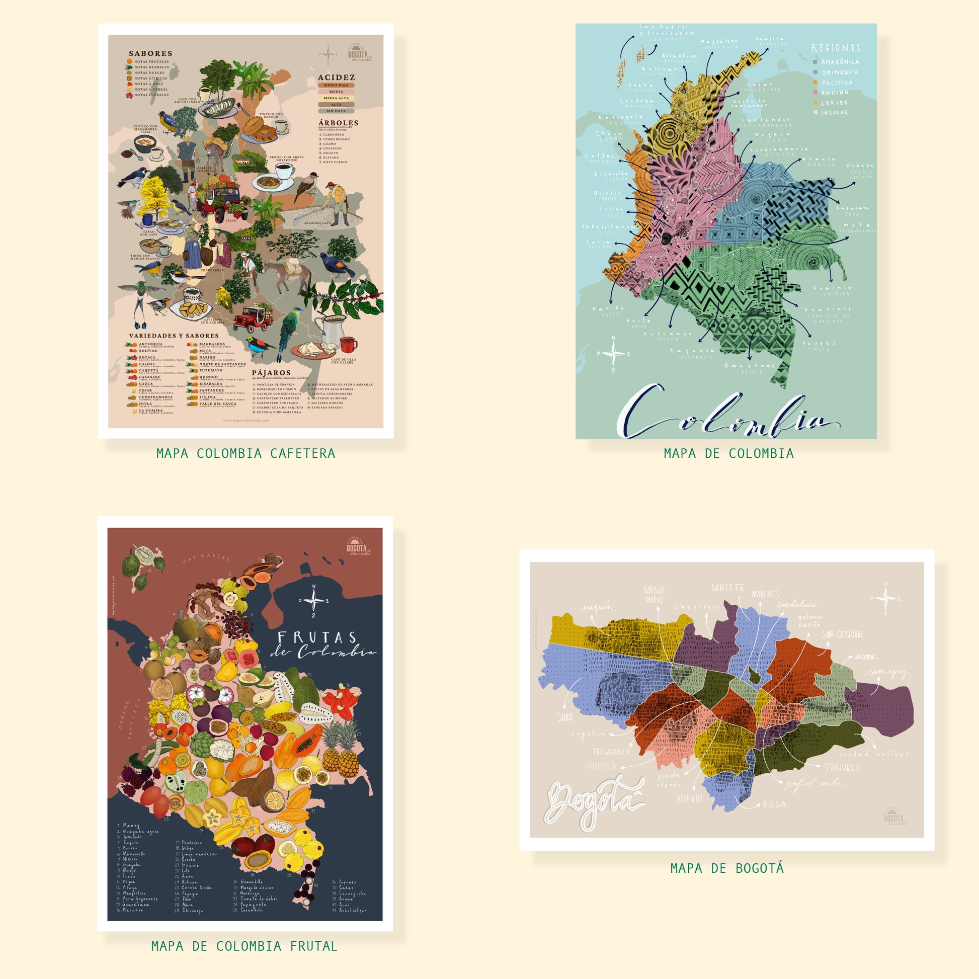 Mosaico de afiches ilustrados disponibles