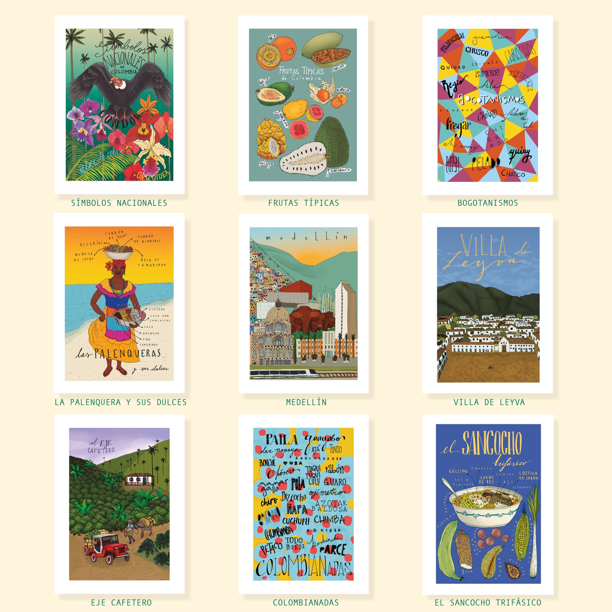 Mosaico de afiches ilustrados disponibles