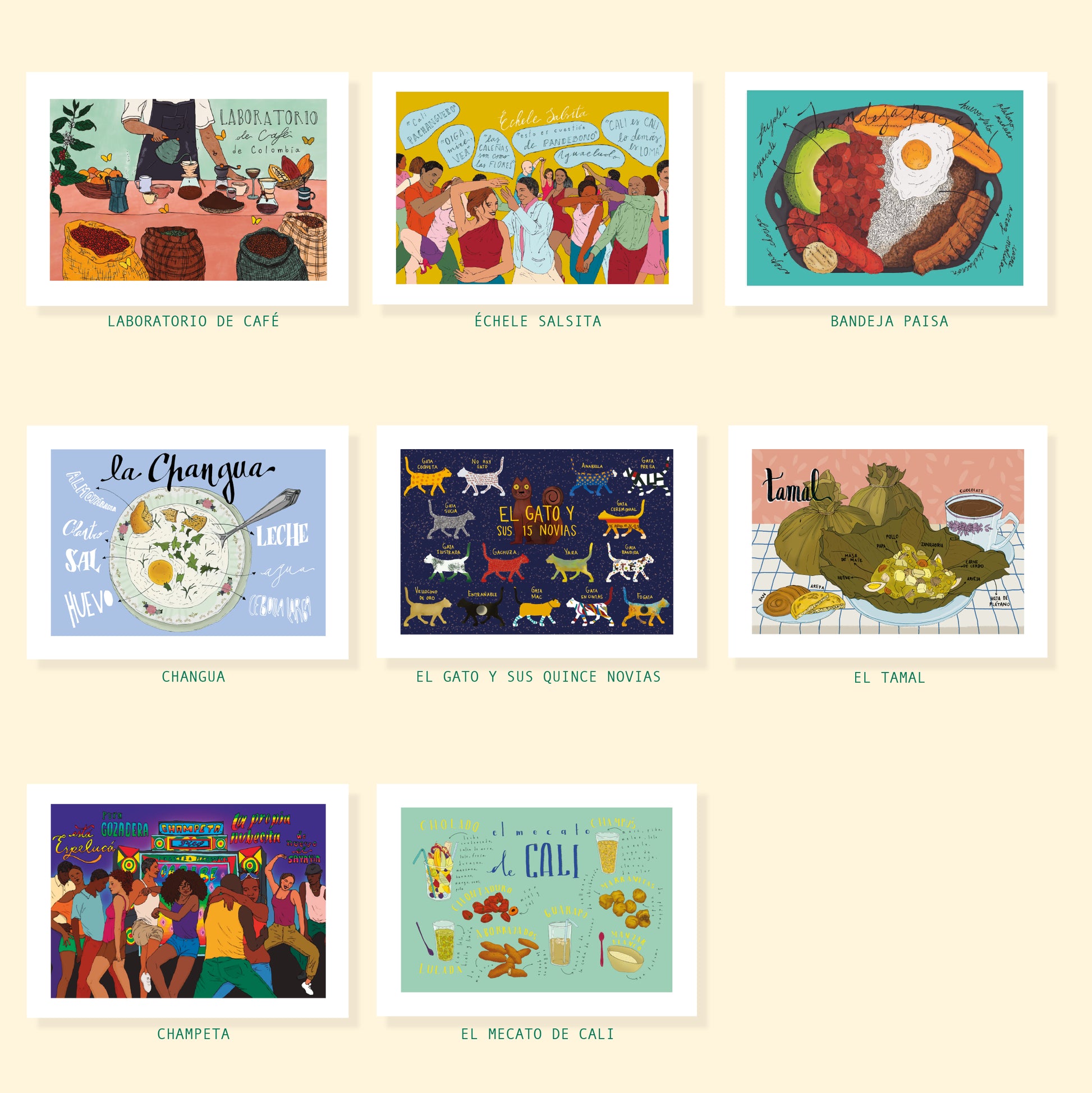 Mosaico de afiches ilustrados disponibles