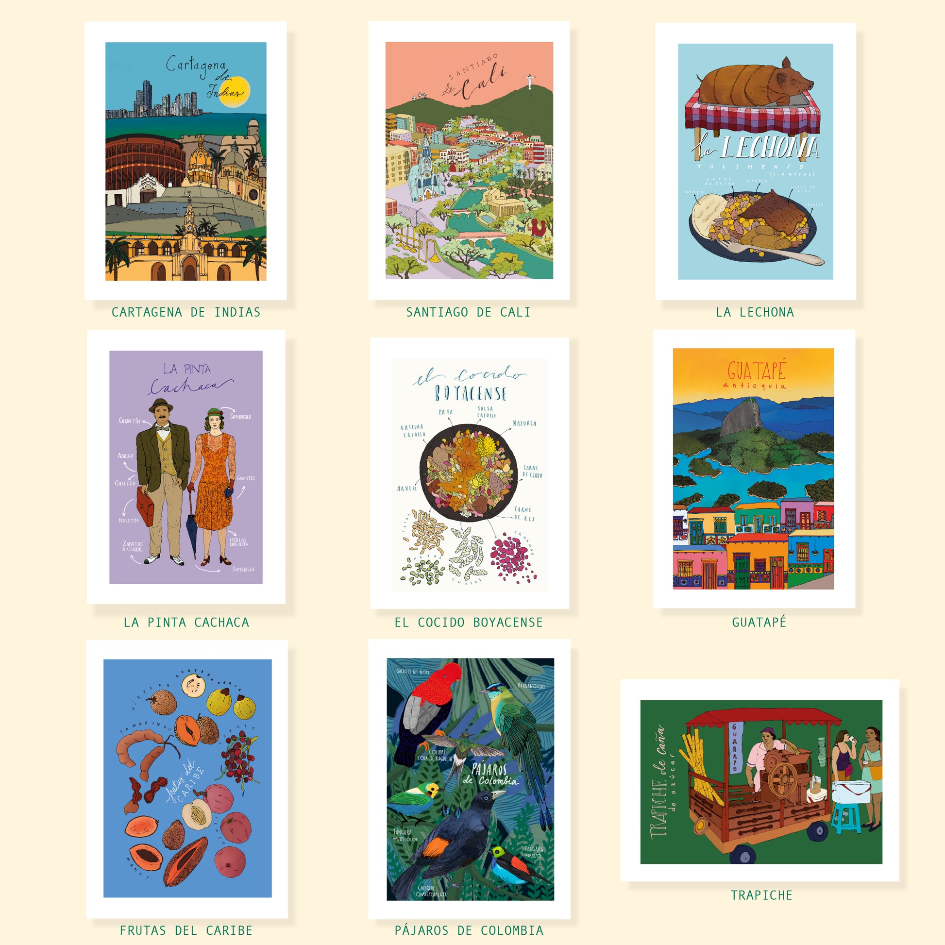 Mosaico de afiches ilustrados disponibles