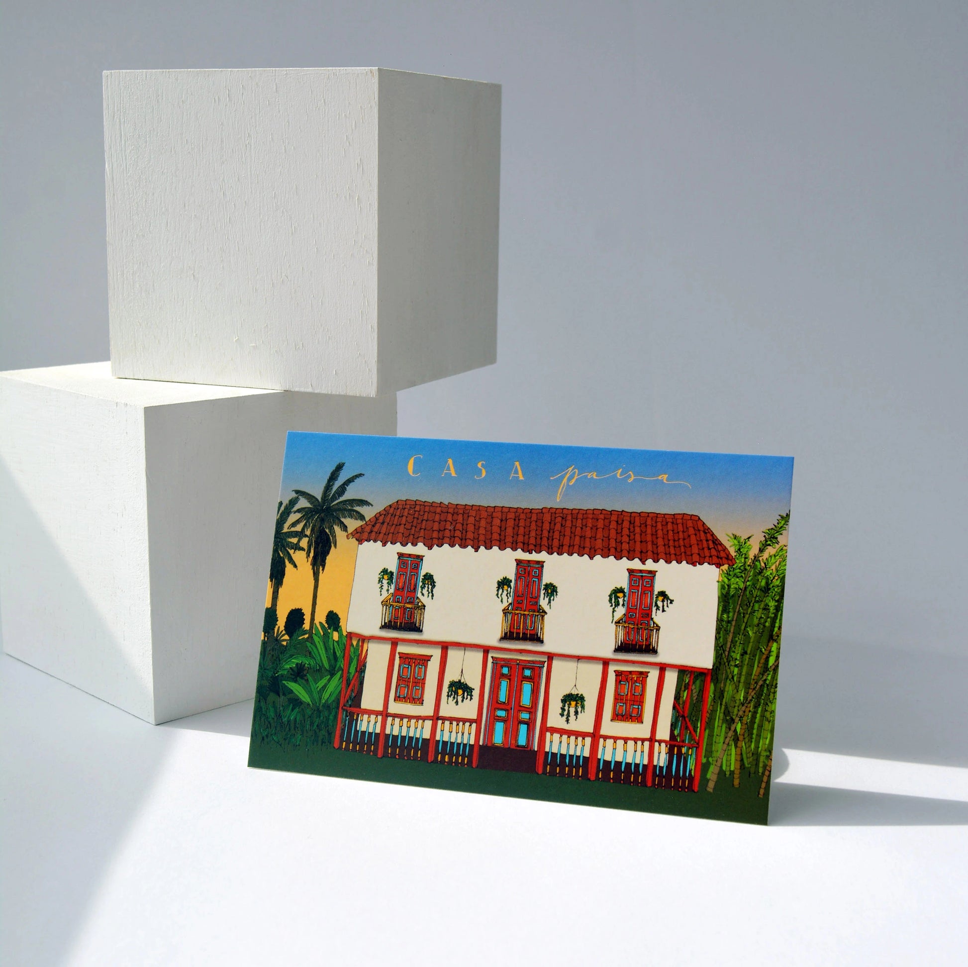 Postal ilustrada de la casa paisa colombiana