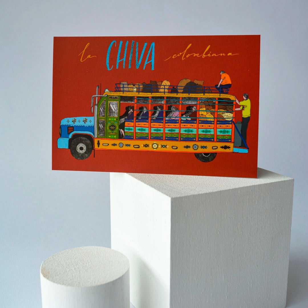 Postal ilustrada de la chiva colombiana