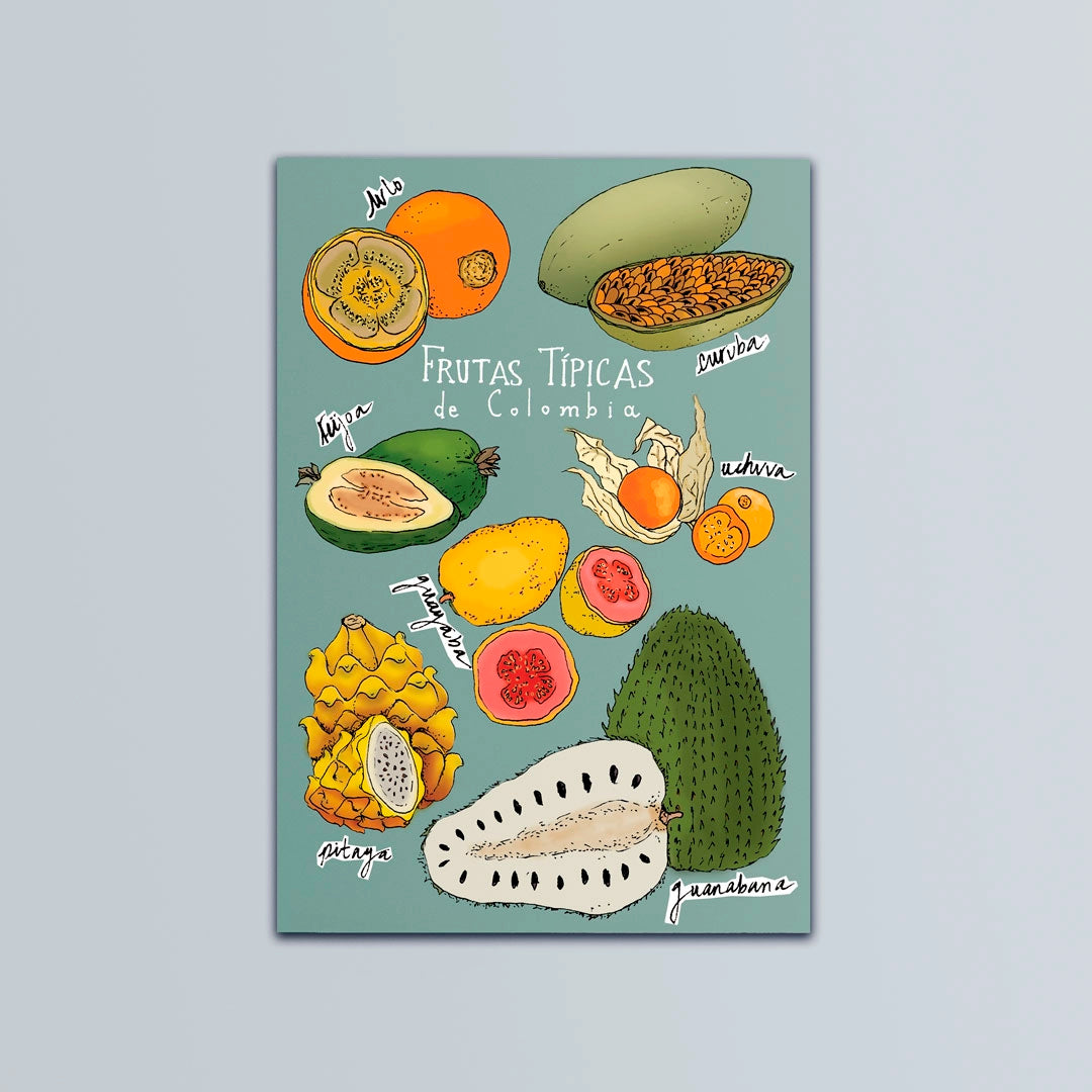 Postal ilustrada de las frutas típicas de Colombia