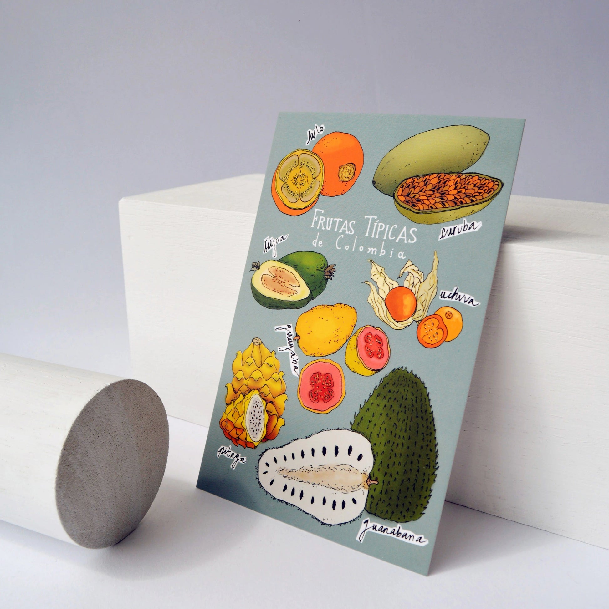 Postal ilustrada de las frutas típicas de Colombia