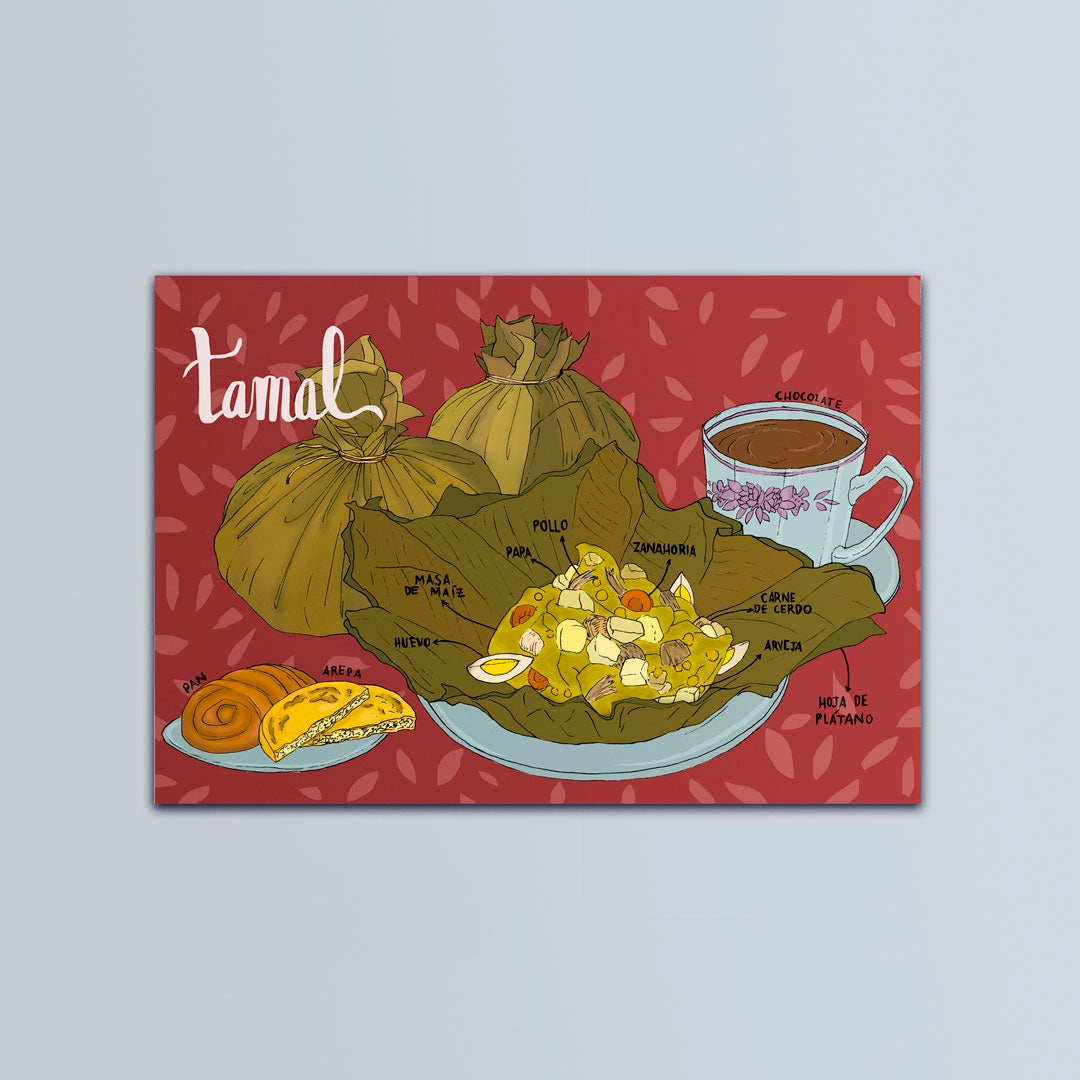 Postal ilustrada de el tamal colombiano