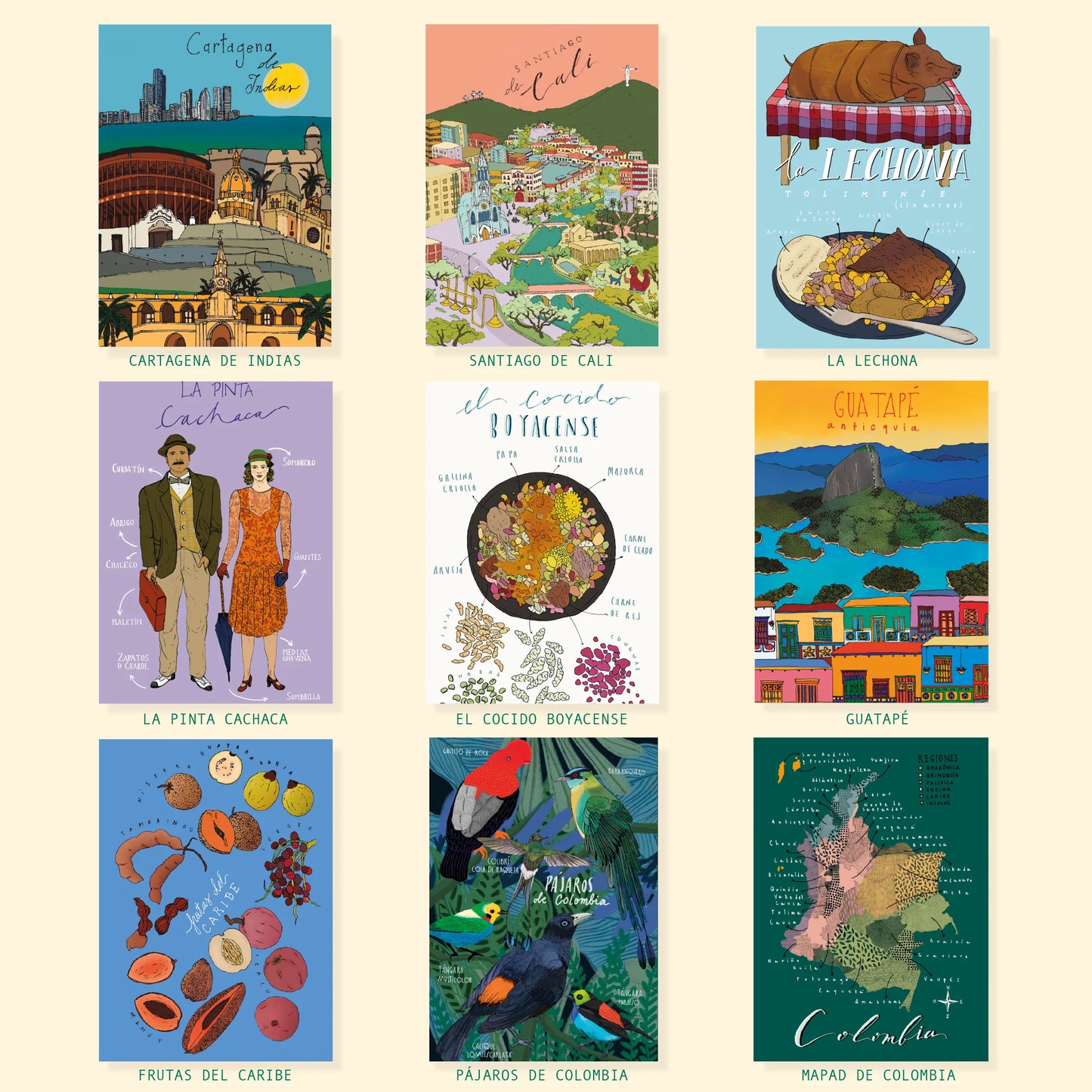 Mosaico de postales ilustradas disponibles